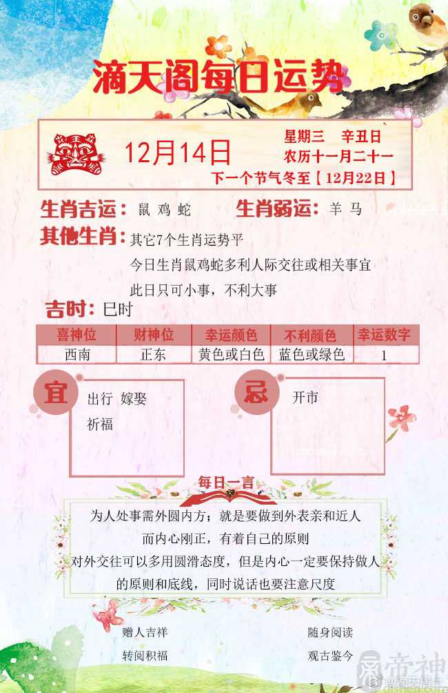 滴天居士2022年12月14日生肖运势