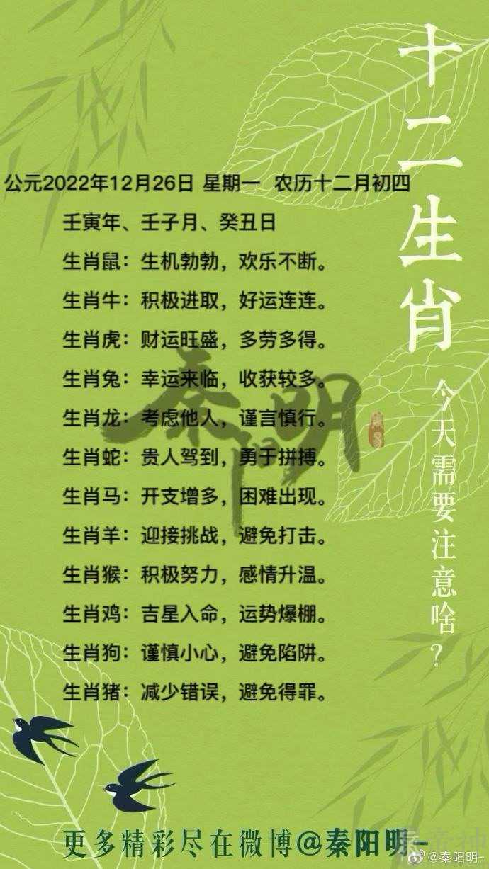 秦阳明每日生肖运势2022年12月26日