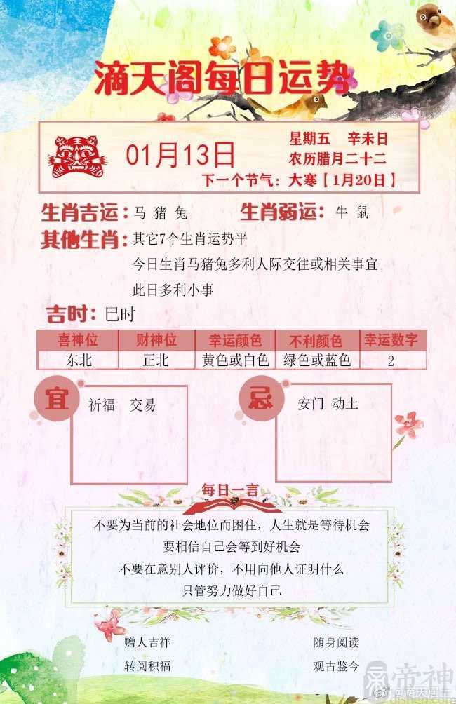 滴天居士2023年1月13日生肖运势